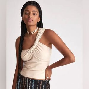 Dolan Grecian Knotted One Shoulder Halter Ribbed Crop Top White/Cream